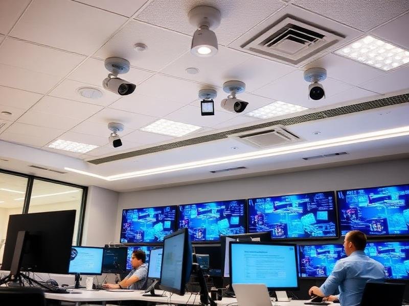 Modern office with security cameras and multiple screens
