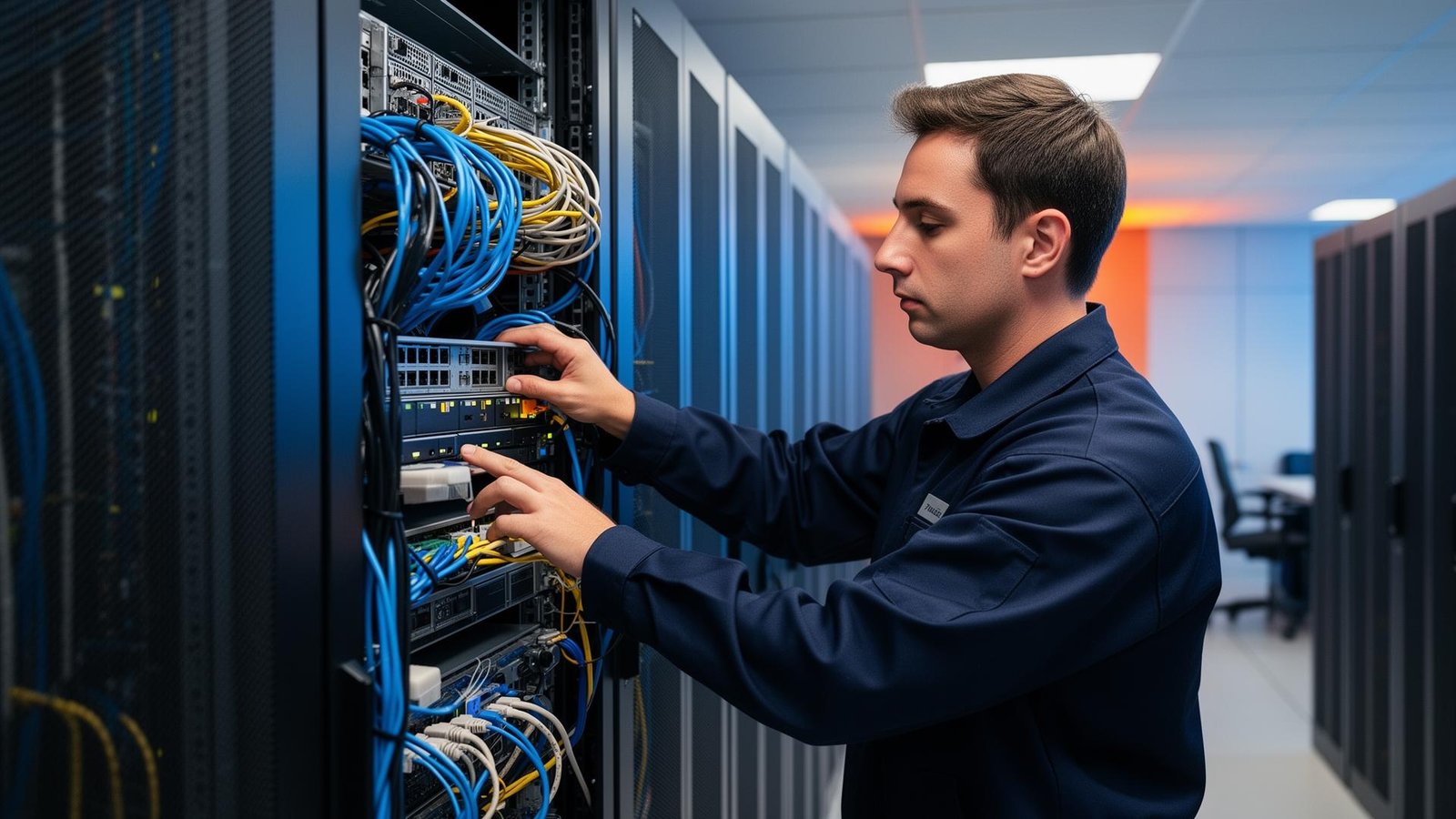Professional technician working on server rack