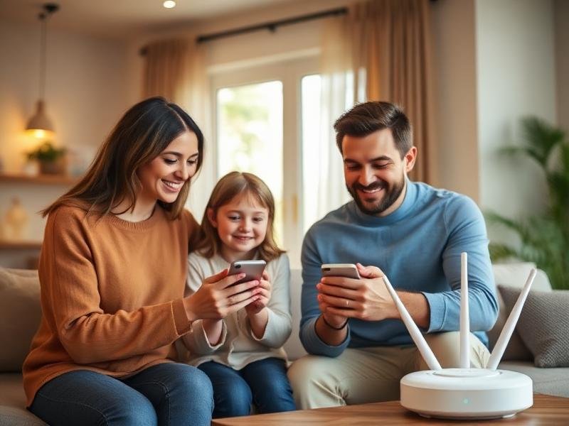 Family using connected devices at home with WiFi router